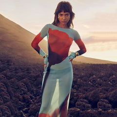 Robe imprimée à col rond et robe fendue transparente en maille