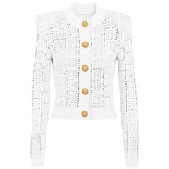 Cardigan court à manches longues et col rond avec découpes ajourées