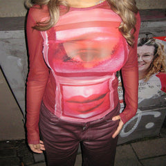 Retro Spicy Girl Printed See through Thin Pullover Round Neck Long Sleeves Skinny Slimming Top
