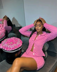 Bubble Pleated V neck Button Mini Skirt Two Piece Set