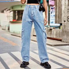 Washed Semi Elastic Personality Denim Cargo Pants Casual Pants