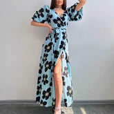 Robe longue à manches lanternes et col en V, coupe ajustée, grande taille, élastique, imprimée