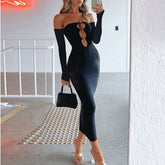 Mesh Dress Long Sleeve Hollow out Tube Top Patchwork Beaded Sheath Dress
