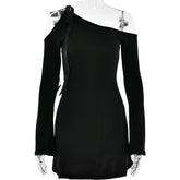 Dress Diagonal Collar off the Shoulder Stitching High Waist Long Sleeves Hip