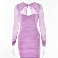 Hollow Out Cutout Low Cut Dress Sheer Long Sleeve Skinny Hip Dress
