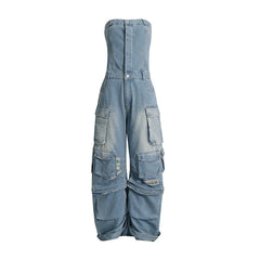 Jeans-Jumpsuit mit mehreren Taschen, zerrissener Taille und schlankmachendem Tube-Top