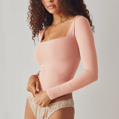 Long Sleeve Solid Color Cropped Square Neck T Shirt Top