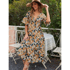 Casual Waist Tight Slimming V Neckline Floral Dress