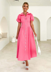 Robe décontractée à taille haute et col boutonné de couleur unie