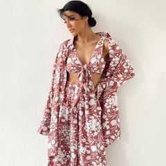 Fall Underwear Three Piece Pajamas Printed Loose Nightgown Trousers Homewear