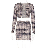 Printed Cropped Outfit Lace up Top Tight Sheath Short Dress Two Piece Set