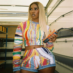 Collection Digital Printing Casual Long Sleeved Top Sheath Shorts Sets