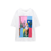 White Cotton Short Sleeved Shirt Round Neck Loose Beauty Printed T shirt