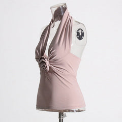 V neck Socialite Chest Pleated Beauty Back Halter Strap