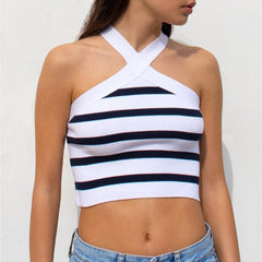 Striped Cross-Halterneck Knitted Base Tube Top Outer Vest