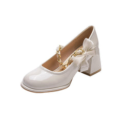 Women's Bow High Chunky Pumps Shallow Mouth Patent