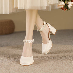 Women's Mary Jane French Style Pearl Chunky Heels