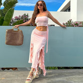 Einfarbig Bandeau Split Unregelmäßig Asymmetrisch Etuirock Zweiteiler Sets Sets Sets