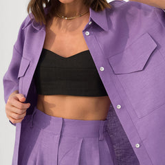 Solid Color All Match Office Collared Drop Shoulder Twet Outfit Straight Shorts Set