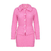 Bubble Pleated V neck Button Mini Skirt Two Piece Set