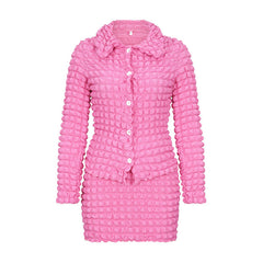 Bubble Pleated V neck Button Mini Skirt Two Piece Set