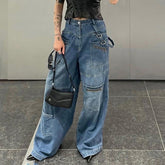 Große Jeans mit mehreren Taschen und Reißverschluss, gerade geschnittene Hose mit weitem Bein und Schleife