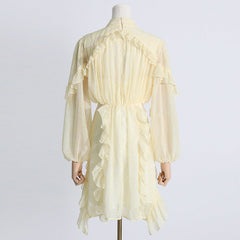 Vacation Solid Color A line High Collar Ruffled Waist Tight Hollow Out Cutout out Short Dress