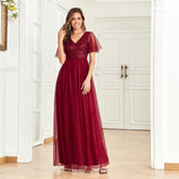 Weinrotes elegantes Abendkleid mit V-Ausschnitt und A-Linien-Reißverschluss auf der Rückseite, Netznähte, Pailletten, kurze Ärmel, Brautkleid