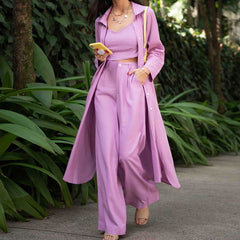 Fall Casual Trench Coat Wide Leg Pants Three-Piece Suit