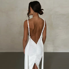 Deep V Plunge neck Backless Fold Split Dress