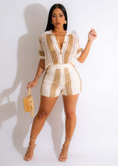 Hollow Out Cutout Out See Through Collared Knitted Shorts Suit
