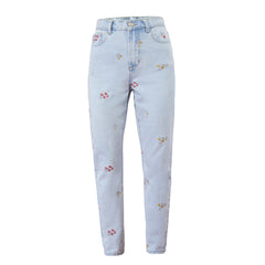 Pantalon brodé en jean, pantalon ample, pantalon droit