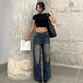 High Street Vibe Retro Distressed Straight-Leg-Hose Lockere, schlankmachende Jeanshose mit weitem Bein