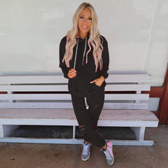 Costume décontracté ample à capuche et manches longues déchirées de couleur unie