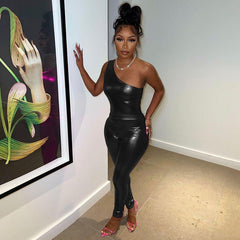 Glossy Faux Leather One Shoulder Top High Waist Sheath Trousers Set
