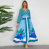 Langärmliges, schwingendes A-Linien-Kleid mit V-Ausschnitt und Print, schmales Retro-Maxikleid