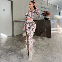 Letter Graphic Printing round Neck Long Sleeve Top High Waist Hip Lift Leggings Suit