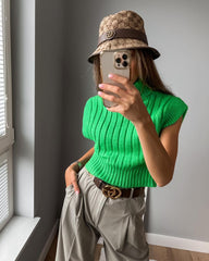 Fall High Neck Slim Fit Short Sleeveless Threaded Vest Knitwear