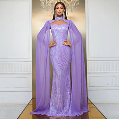 Evening Dress Sequined Halter With Shoulder Sleeves Party Dress Fishtail Dress Elegant Dress Dress