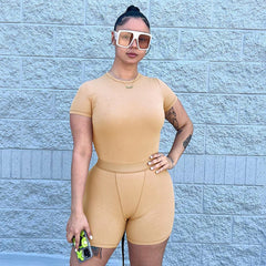 Street Solid Color Tight Short Sleeved Shirt Shorts Set