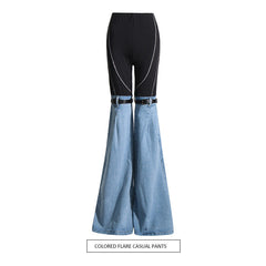 Color Contrast Stitching Denim Belt High Elasticity Slimming Flab Hiding Casual Pants Trousers