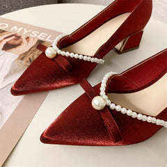 Pearl Bow Pumps Mid Chunky Pointed High