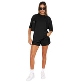 Solid Color round Neck Half Sleeve Pullover Top Casual Shorts Suit