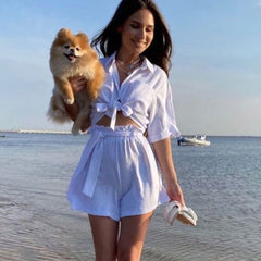 Solid Color Single-Breasted Short Sleeve Shirt Strap Casual Beach Two-Piece Set