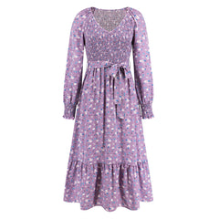 Smocking Dress Slim Fit Slimming Bubble Long Sleeve V Neck Floral Maxi Dress