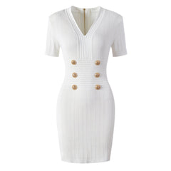 High Quality Knitted Fabric V neck Slim Slimming Short Sleeve Dress