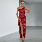 Kleid Satin Satin Satin Bandeau Maxikleid Plissee One Shoulder High Slit Abendkleid