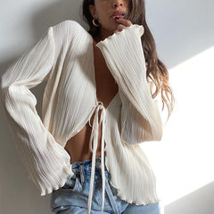Cardigan Lace-up Slim Flared Long Sleeve Pleated Shirt French textured