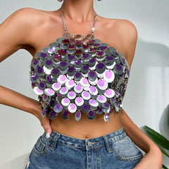 Punk Color Matching Sequin Halter Spaghetti Straps Vest