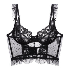 Französische Unterwäsche Push-up Beauty Back Polka Dot Transparentes Garn Bestickter Spitzen-BH Strumpfband T-förmiges Höschen-Set